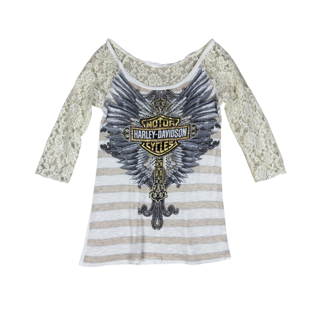 Harley-Davidson Womens XS/S Lace Back Rhinestone 3/4 Sleeve Top White Gray Wings